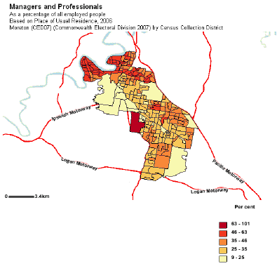 Map of Moreton electoral division showing percent of employed people who are managers and professionals