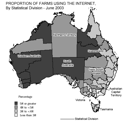 Map:Proportion of farms using the internet, By statistical division- June 2003