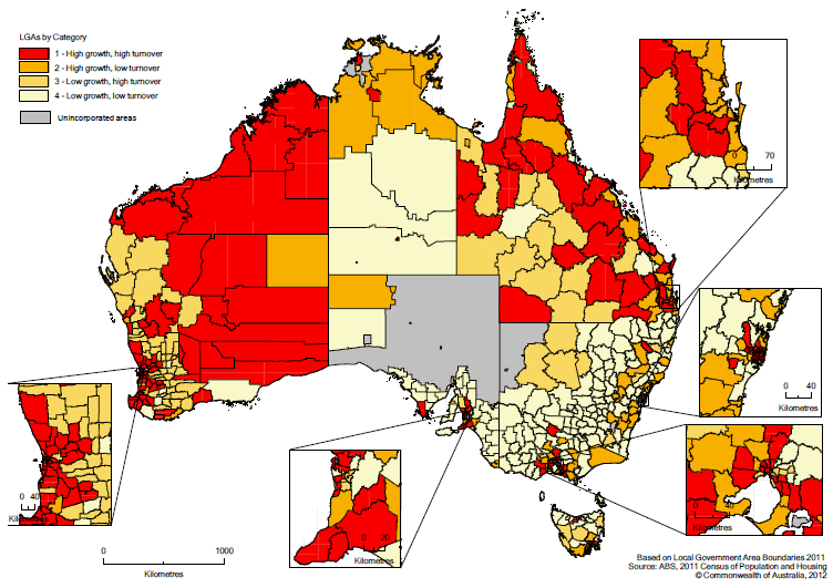 MAP 3. POPULATION GROWTH AND POPULATION TURNOVER RATES - Local Government Areas, 2006 to 2011