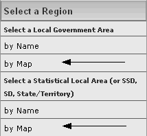 Image: Left menu bar showing where to click on 'Select a Local Government Area by Map' or 'Select a Statistical Local Area by Map'