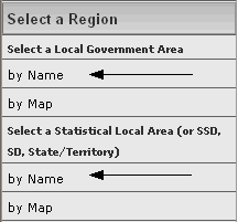 Image: Left menu bar showing where to click on 'Select a Local Government Area by Name' or 'Select a Statistical Local Area by Name'