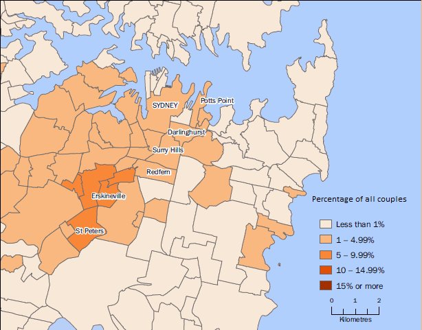 Picture of map of location of female same-sex couples as a percentage of all couples, inner sydney, 2011