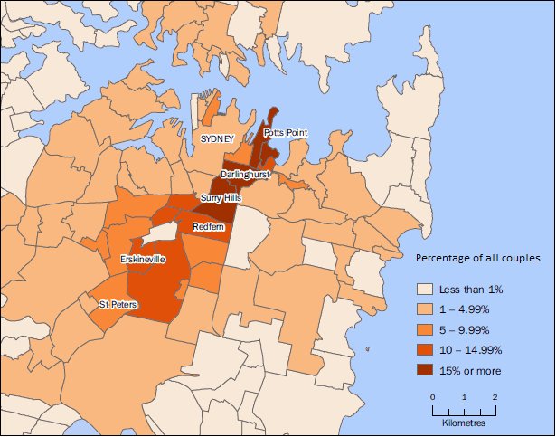 Picture of map of location of male same-sex couples as a percentage of all couples, inner sydney, 2011
