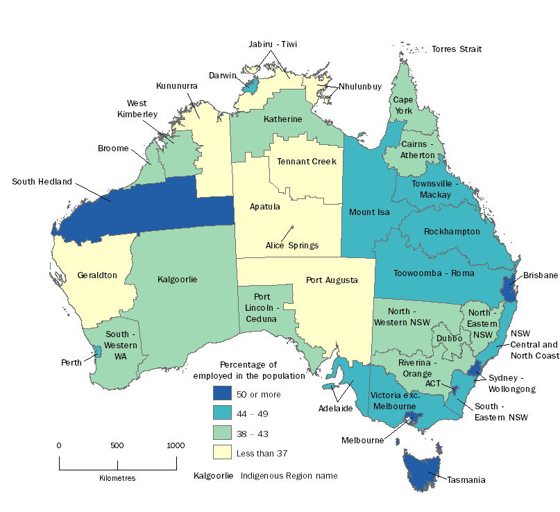 Map: shows the percentage of Aboriginal and Torres Strait Islander Population in each Indigenous region who were employed.