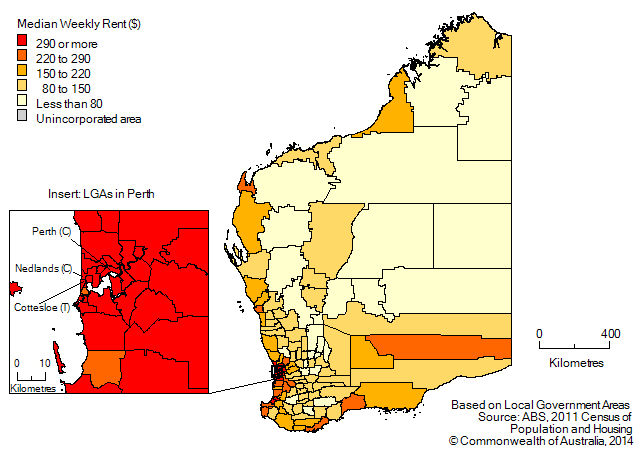 Map: Median weekly rental payment, by local government area, Western Australia, 2011