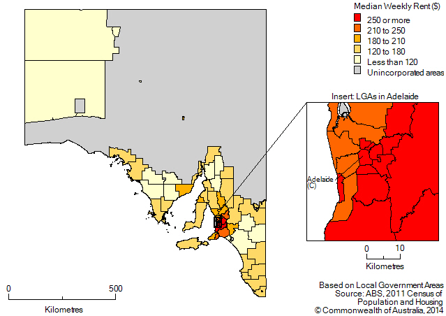 Map: Median weekly rental payment, by local government area, South Australia, 2011
