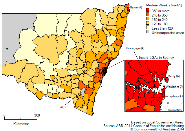 Map: Median weekly rental payment, by local government area, New South Wales, 2011