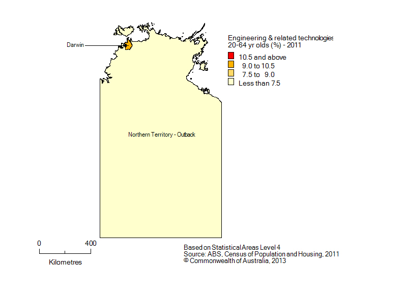 Map: Non-school qualifications in engineering and related technologies, 20-64 year olds, Northern Territory, 2011