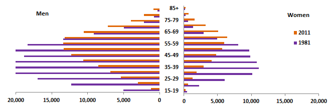 Pyramid graph age profile of farmers 1981 and 2011