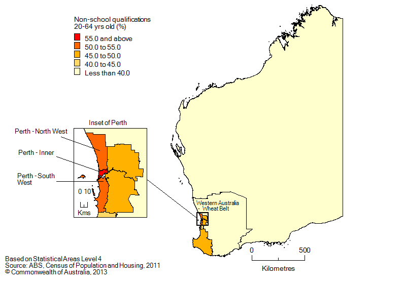 Map: Population with non-school qualifications, 20-64 year olds, Western Australia, 2011