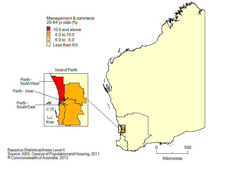 Map: Non-school qualifications in managment and commerce, 20-64 year olds, Western Australia, 2011