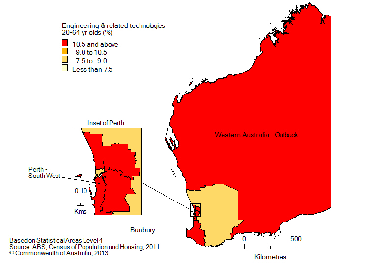 Map: Non-school qualifications in engineering and related technologies, 20-64 year olds, Western Australia, 2011