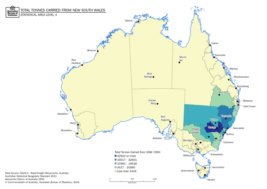 Image: Thematic map, Total Tonnes Carried from New South Wales to Destination (Statistical Area Level 4)