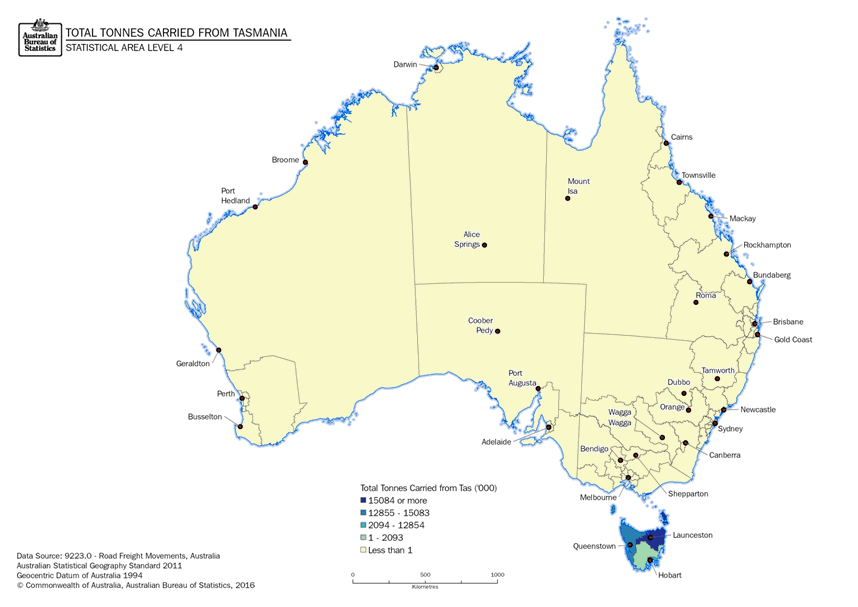 Image: Thematic map, Total Tonnes Carried from Tasmania to Destination (Statistical Area Level 4)