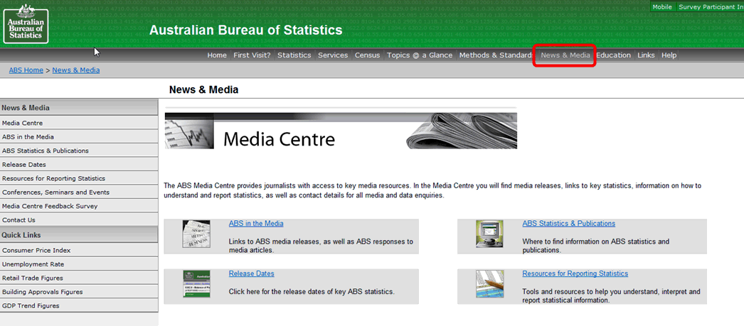 Image: Screen shot showing Media Centre Page on ABS website