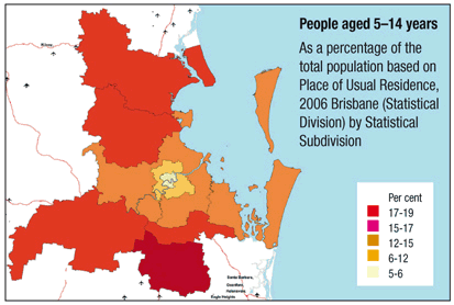 People aged 5-14 years as a percentage of the total population based on Place of Usual Residence, 2006 Brisbane (Statistical Division) by Statistical Subdivision