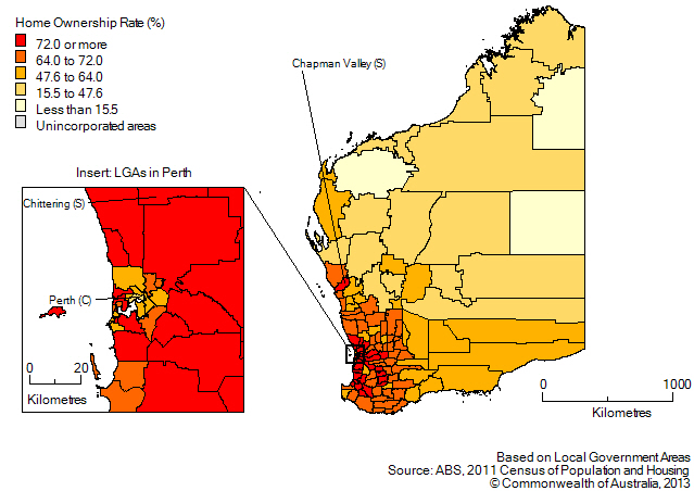 Map:Home ownership rates by LGA, Western Australia, 2011