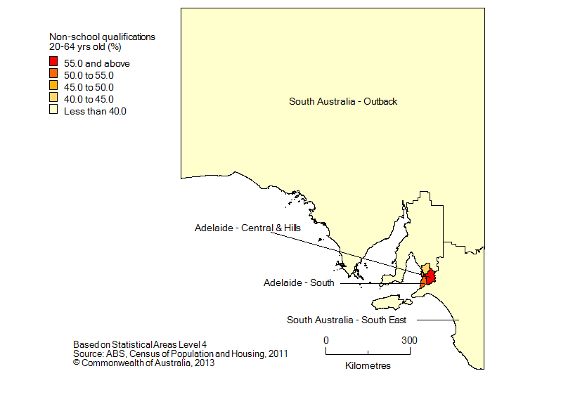 Map: Population with non-school qualifications, 20-64 year olds, South Australia, 2011