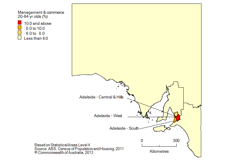 Map: Non-school qualifications in management and commerce, 20-64 year olds, South Australia, 2011