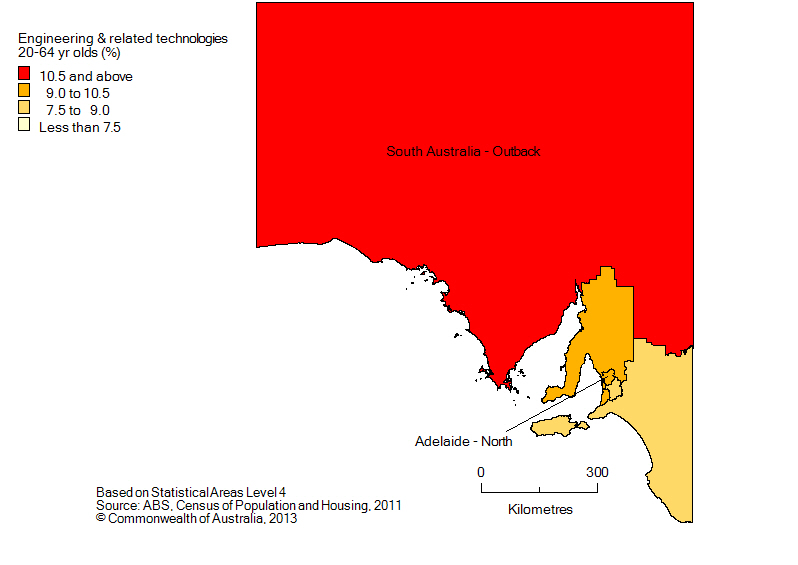Map: Non-school qualifications in engineering and related technologies, 20-64 yr olds, South Australia, 2011