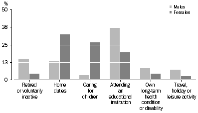 Graph: Persons with marginal attachment, Selected main activity when not in the labour force-Bey sex, 2013