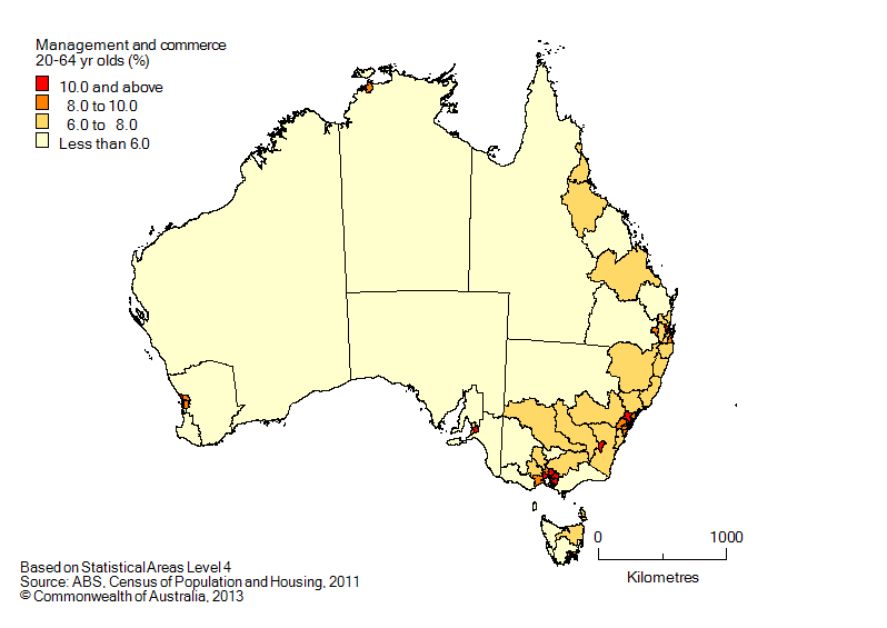 Map: Non-school qualifications in management and commerce, 20-64 year olds, Australia, 2011