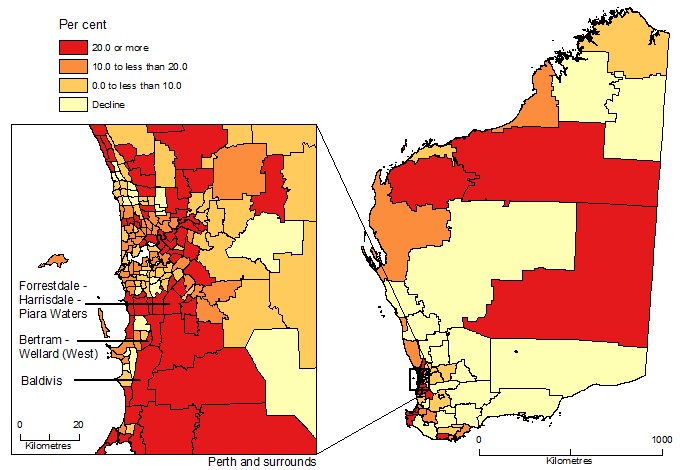Map of Population change by SA2, Western Australia, 2006-16