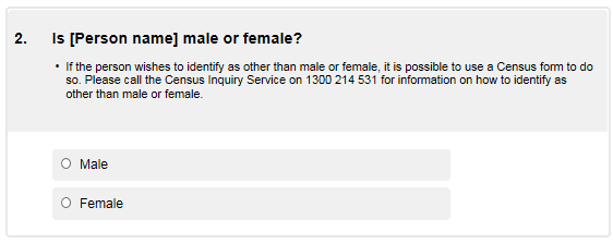 Image showing the Sex question on the default online form.