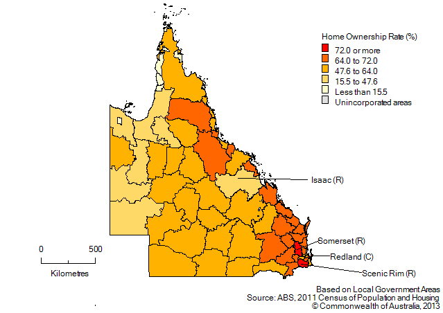 Map: Home ownership rates by LGA, Queensland, 2011