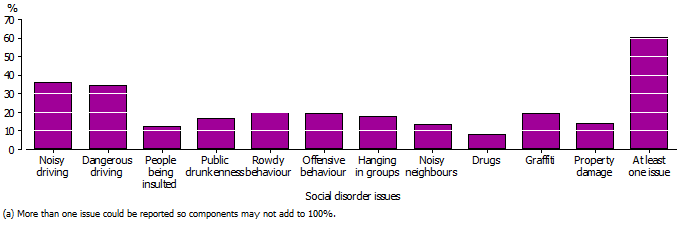 Graph showing that noisy driving and dangerous driving were the two most commonly perceived social disorder issues in Australia 