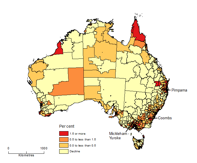 Image: Map showing Population Change by SA2, Australia, 2016-17