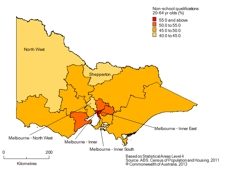 Map: Population with non-school qualifications, 20-64 year olds, Victoria, 2011