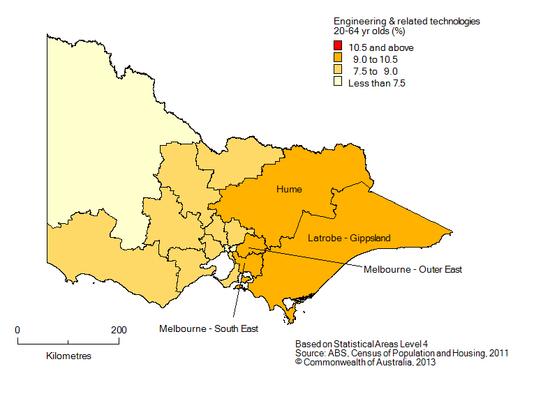 Map: Non-school qualifications in engineering and related technologies, 20-64 year olds, Victoria, 2011