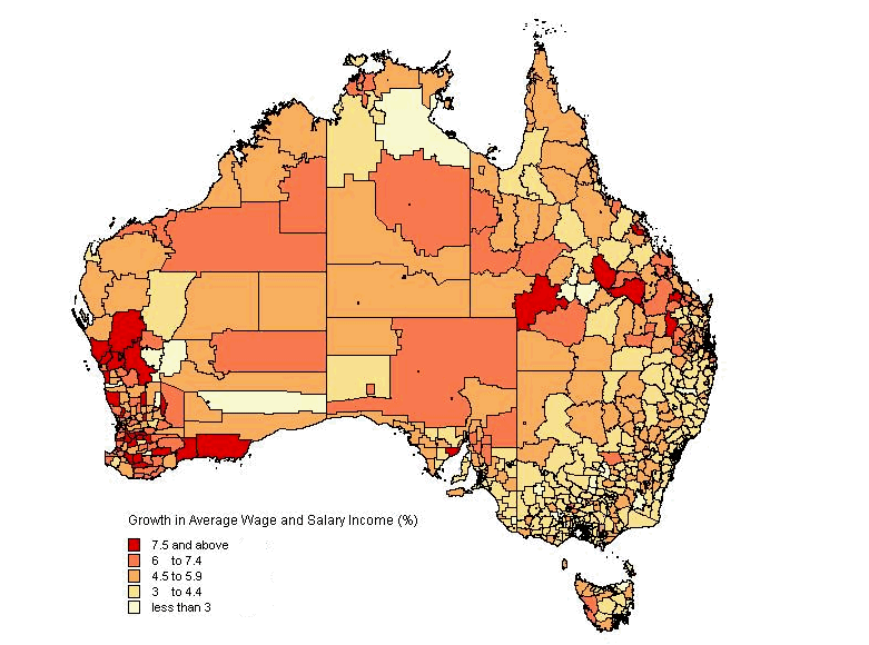 Image: Map of Growth of average income from wages and salaries - By Statistical Local Areas, Australia, 2003-04 to 2007-08