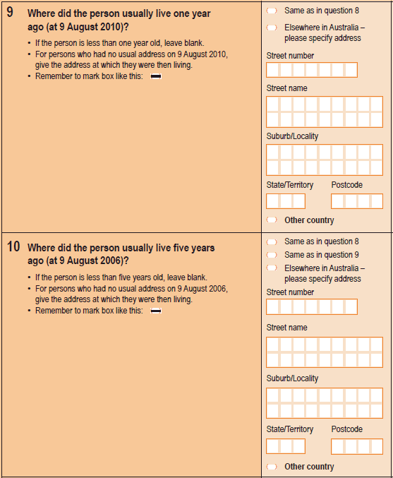 Image of Question 9 and 10, 2011 Census Household Form