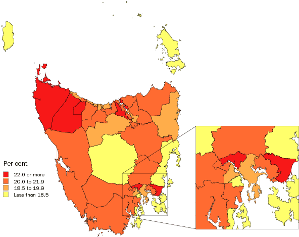 Diagram: Population aged less than 15 years, Statistical Local Areas, Tasmania, 2007