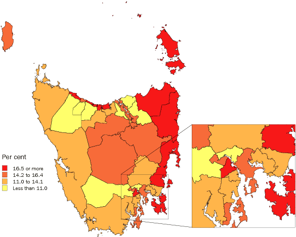 Diagram: Population aged 65 years and over, Statistical Local Areas, Tasmania, 2007