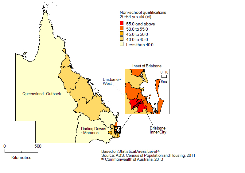 Map: Population with non-school qualifications, 20-64 year olds, Queensland, 2011
