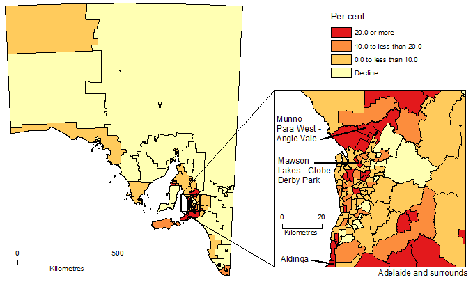 Map of Population change by SA2, South Australia, 2006-16