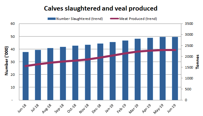 Image: Graph showing number of calves slaughtered and veal produced over a one year period