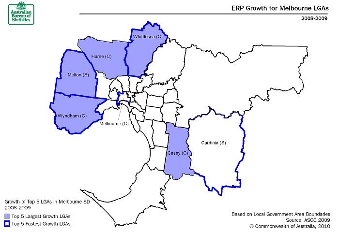 ERP growth for Melbourne LGAs 2008-09