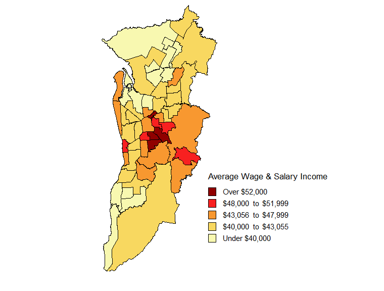 Map showing average Wage and salary incomes by SLA in the Adelaide Statistical Division in 2008-09