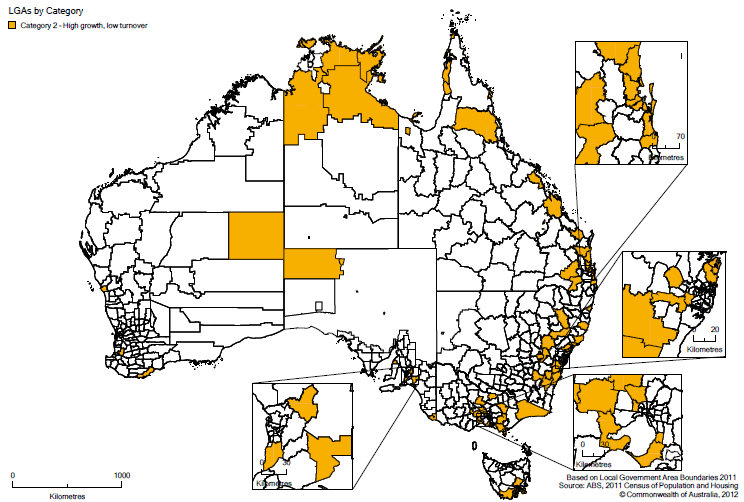 MAP 5. CATEGORY 2 LGAs: HIGH POPULATION GROWTH AND LOW POPULATION TURNOVER RATES, 2006 to 2011