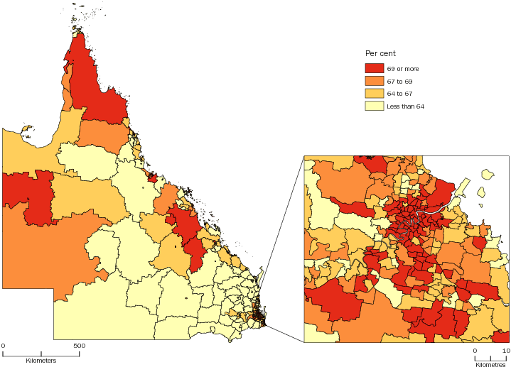 Diagram: WORKING AGE POPULATION (AGED 15–64 YEARS), Statistical Areas Level 2, Queensland—30 June 2013