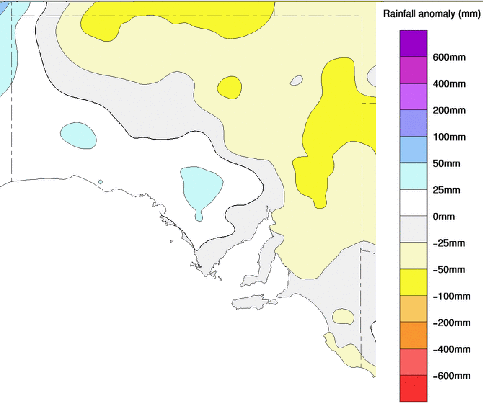 Map: South Australian rainfall anomalies 1 December to 29 February 2008, South Australia, Product of the National Climate Centre