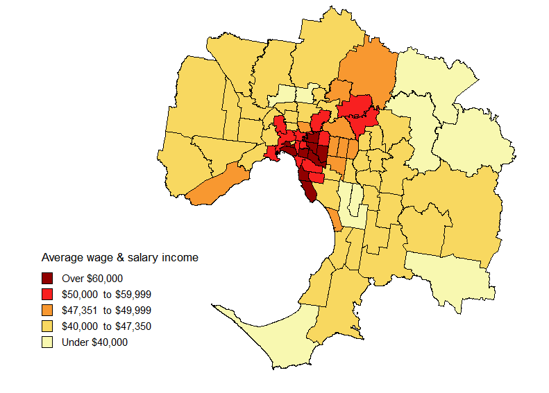 Map showing average Wage and salary incomes by SLA in the Melbourne Statistical Division in 2008-09
