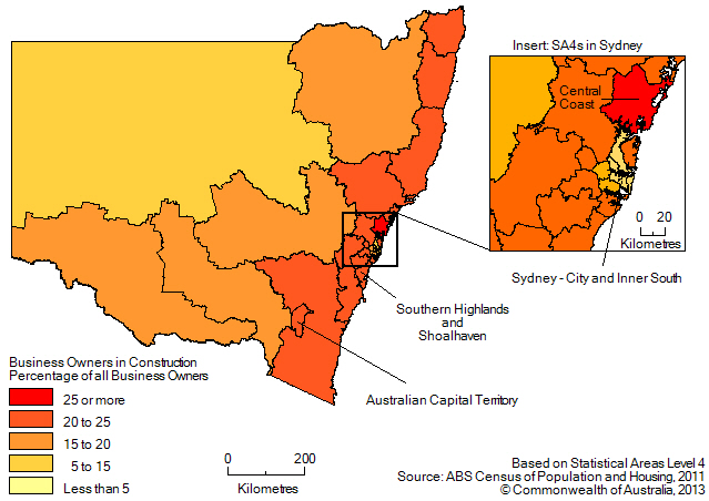Map: PERCENTAGE OF BUSINESS OWNERS IN THE CONSTRUCTION INDUSTRY(a), New South Wales and the Australian Capital Territory - 2011