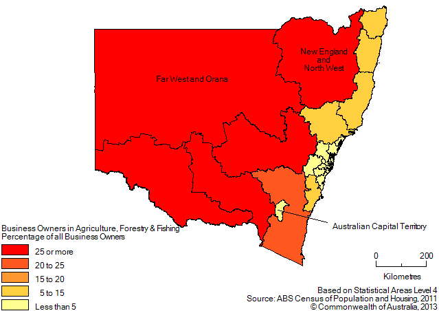 Map: PERCENTAGE OF BUSINESS OWNERS IN THE AGRICULTURE, FORESTRY AND FISHING INDUSTRY(a), New South Wales and the Australian Capital Territory - 2011