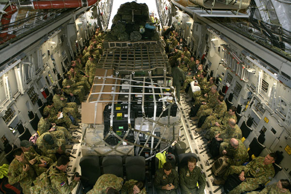 August 2010 – Personnel prepare for the long flight on board the C-17 Globemaster at RAAF Base Amberley shortly before leaving for Pakistan. Operation PAKISTAN ASSIST II.