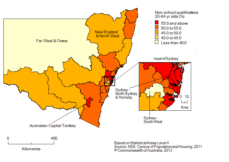 Map: Population with non-school qualifications, 20-64 year olds, New South Wales, 2011